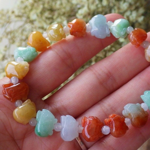 Certified 3 Color Natural A JADE Jadeite Pig Boar Beads Bangle Bracelet 发财猪手链 - Picture 8 of 8
